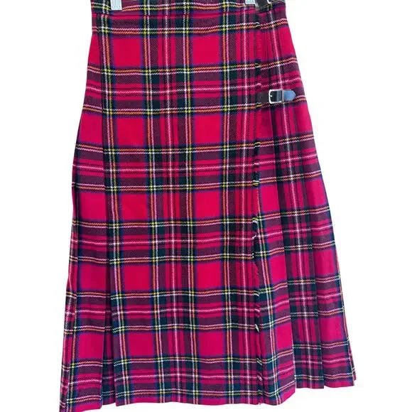 Pure New Wool Tartan Kilt Skirt Red Plaid Pleated Buckle A Line 25” Waist - Picture 6 of 9